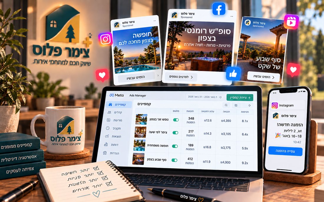 מסך ניהול קמפיינים של מטא ומודעות של צימר פלוס
